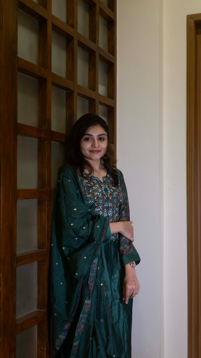 Dark Green - Pure Silk - Heavy Embroidery with hand work 3 piece salwar suit