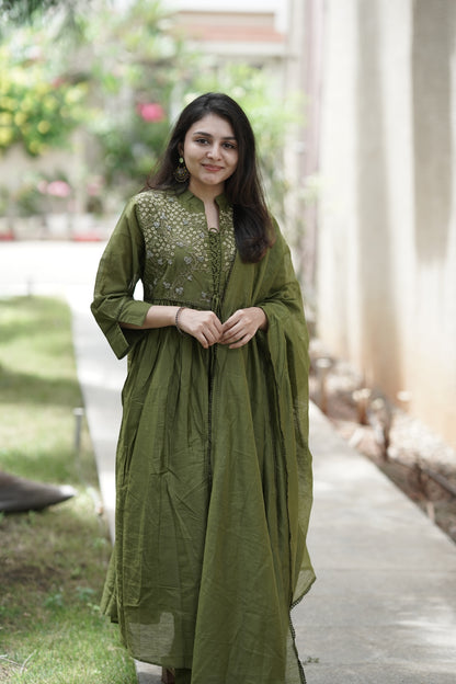 Bottle Green Chanderi Silk - 3 Piece Salwar Suit with Lining