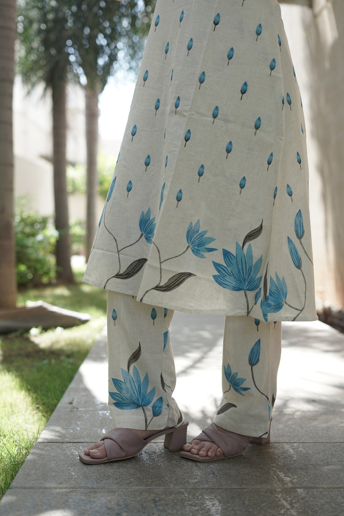 Khadi Cotton Floral Print Kurta Set | Elegant Co-ord Set - Blue
