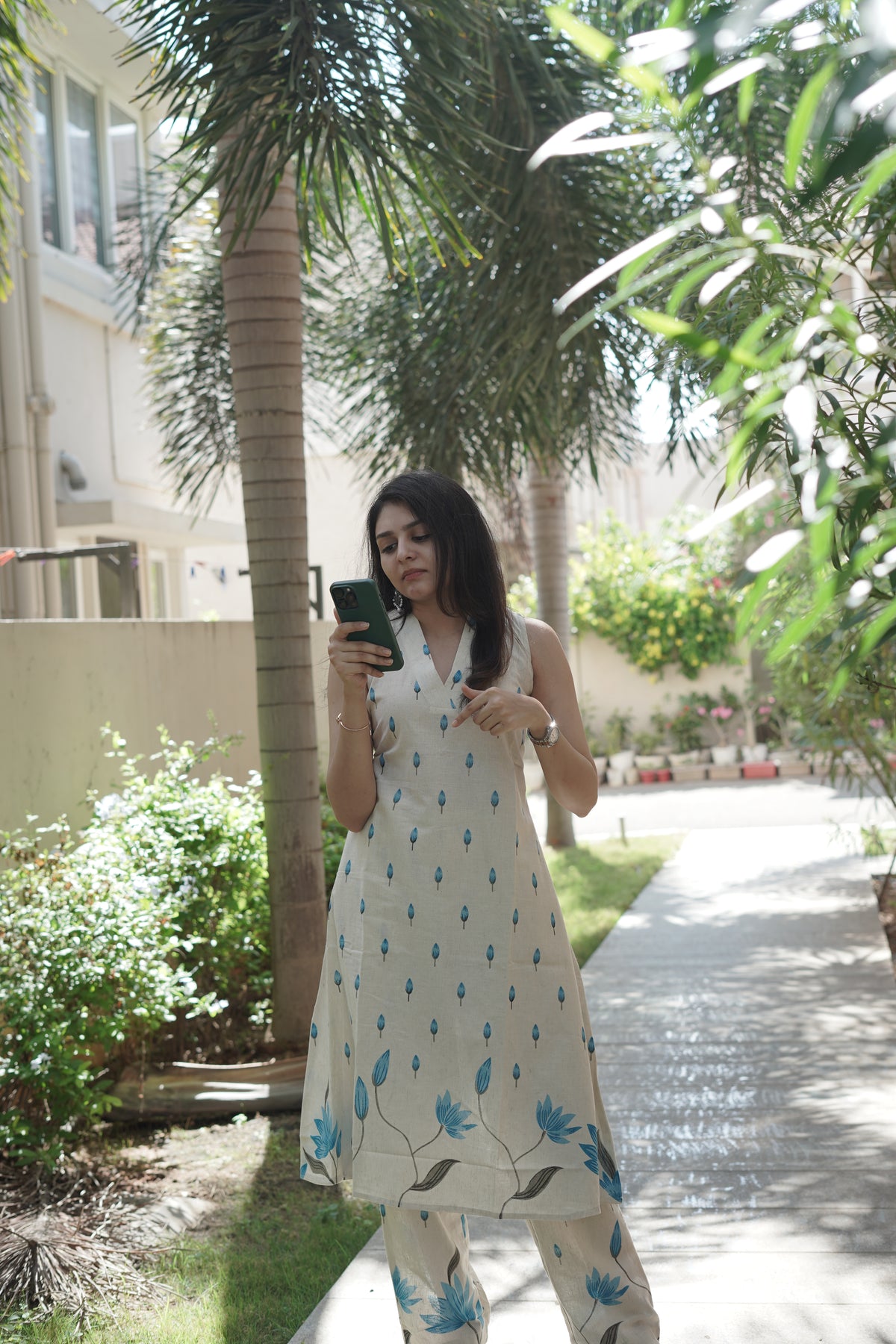 Khadi Cotton Floral Print Kurta Set | Elegant Co-ord Set - Blue