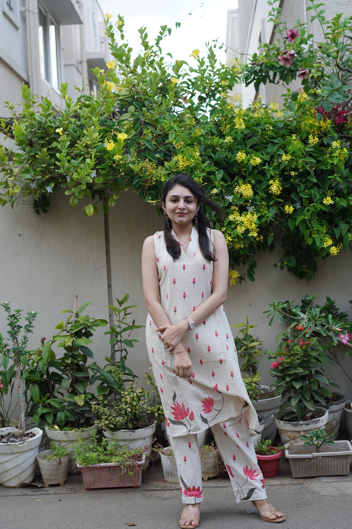 Khadi Cotton Floral Print Kurta Set | Elegant Co-ord Set Pink
