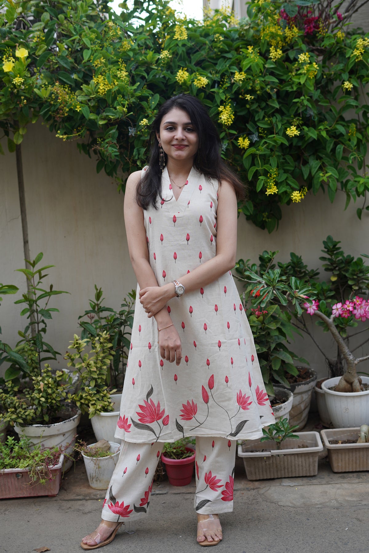 Khadi Cotton Floral Print Kurta Set | Elegant Co-ord Set Pink