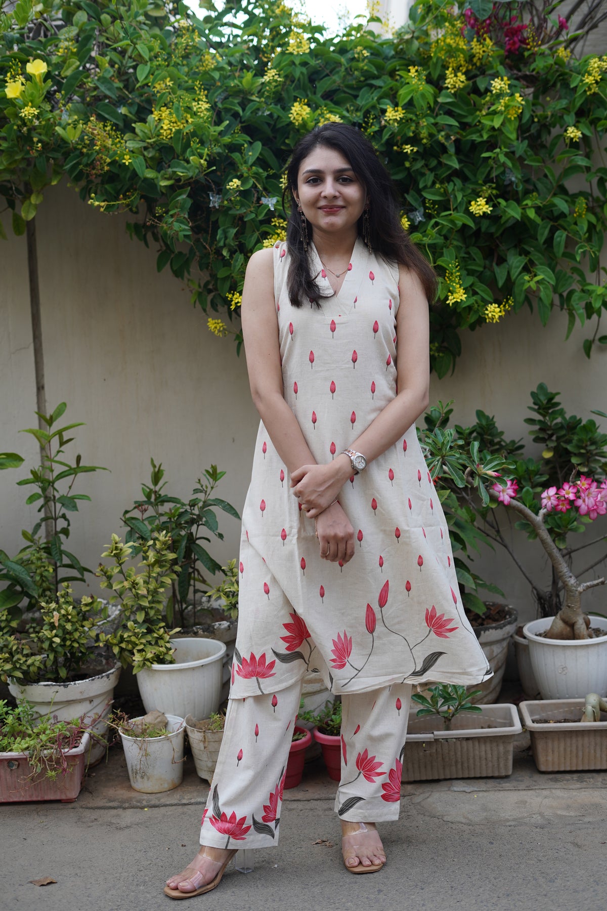 Khadi Cotton Floral Print Kurta Set | Elegant Co-ord Set Pink