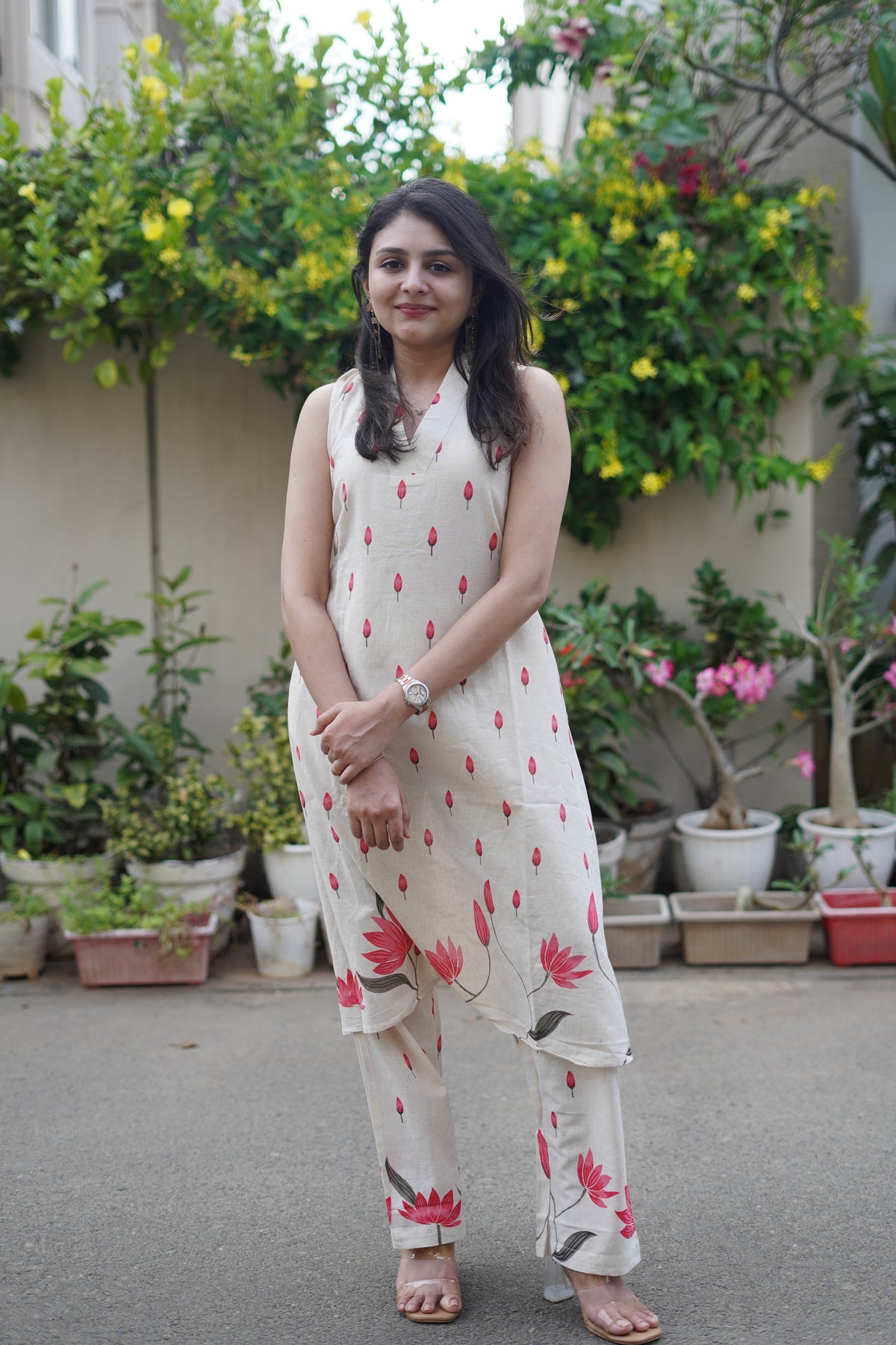Khadi Cotton Floral Print Kurta Set | Elegant Co-ord Set Pink