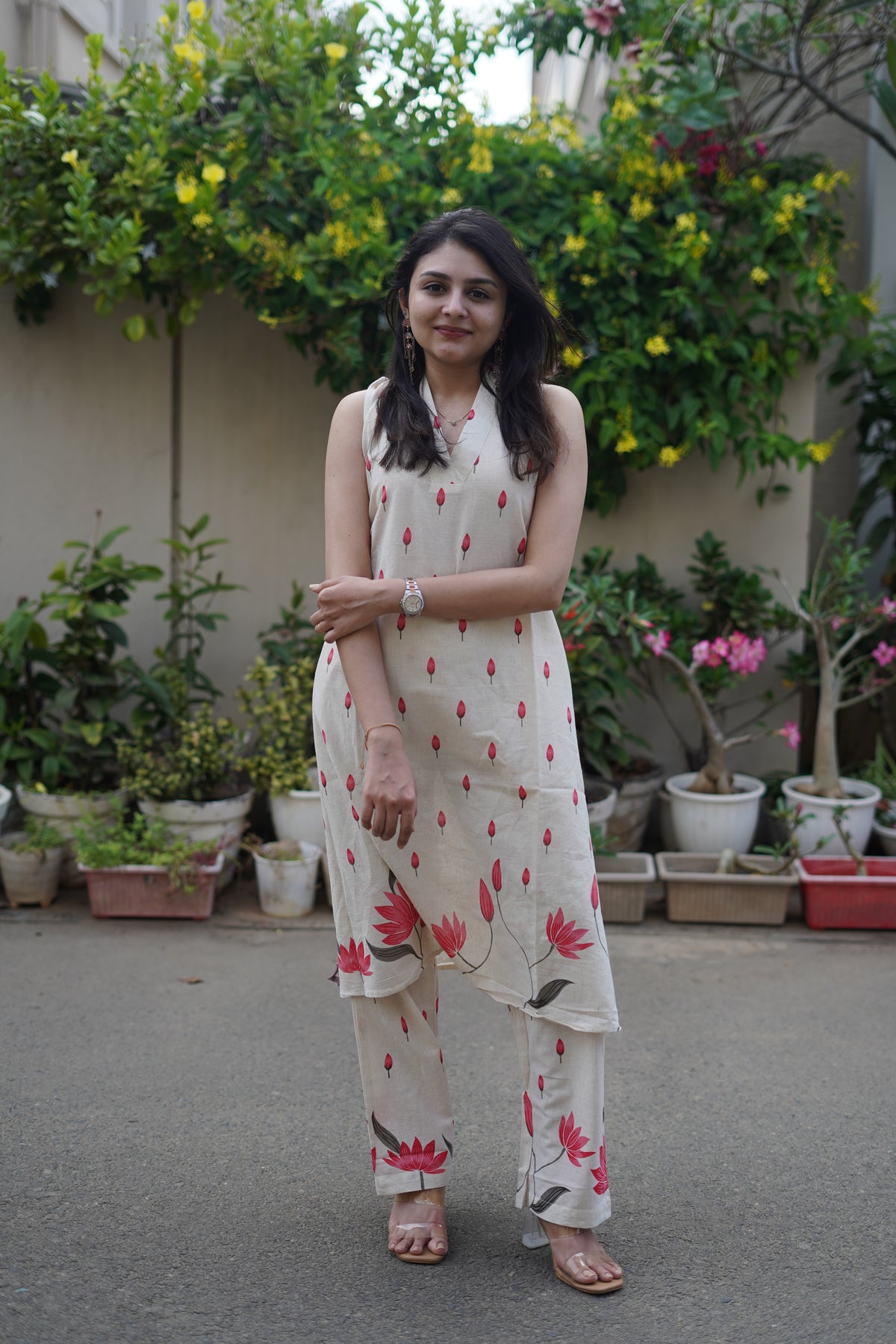 Khadi Cotton Floral Print Kurta Set | Elegant Co-ord Set Pink