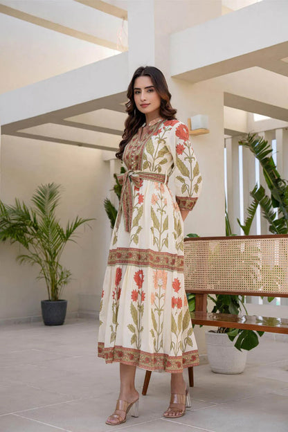 Cotton Long Dress with Printed Design and Belt