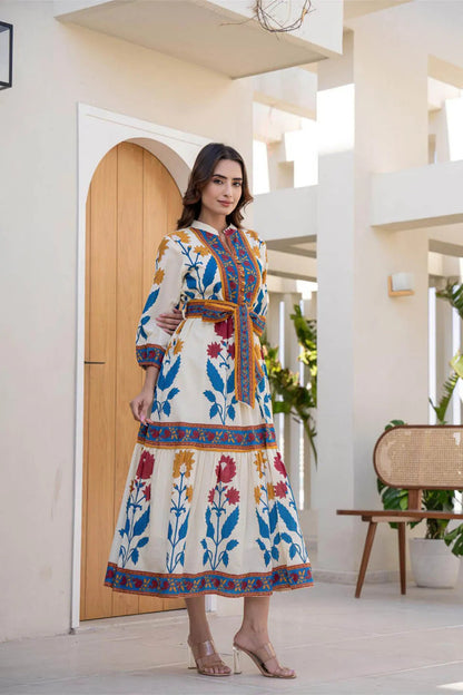 Cotton Long Dress with Printed Design and Belt