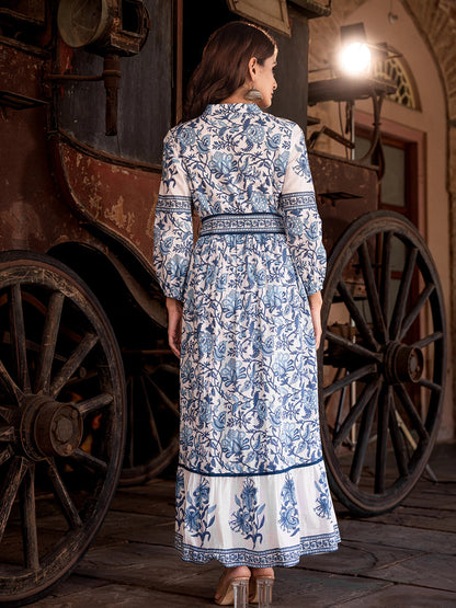 Cotton Long Dress with Printed Design and Belt