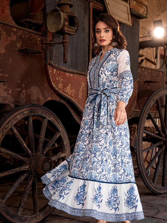 Cotton Long Dress with Printed Design and Belt