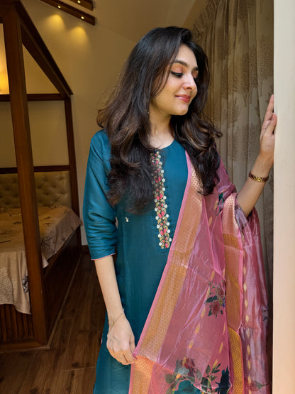 Roman Silk 3 Piece Salwar Suit - Blue and Pink