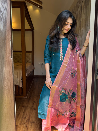 Roman Silk 3 Piece Salwar Suit - Blue and Pink