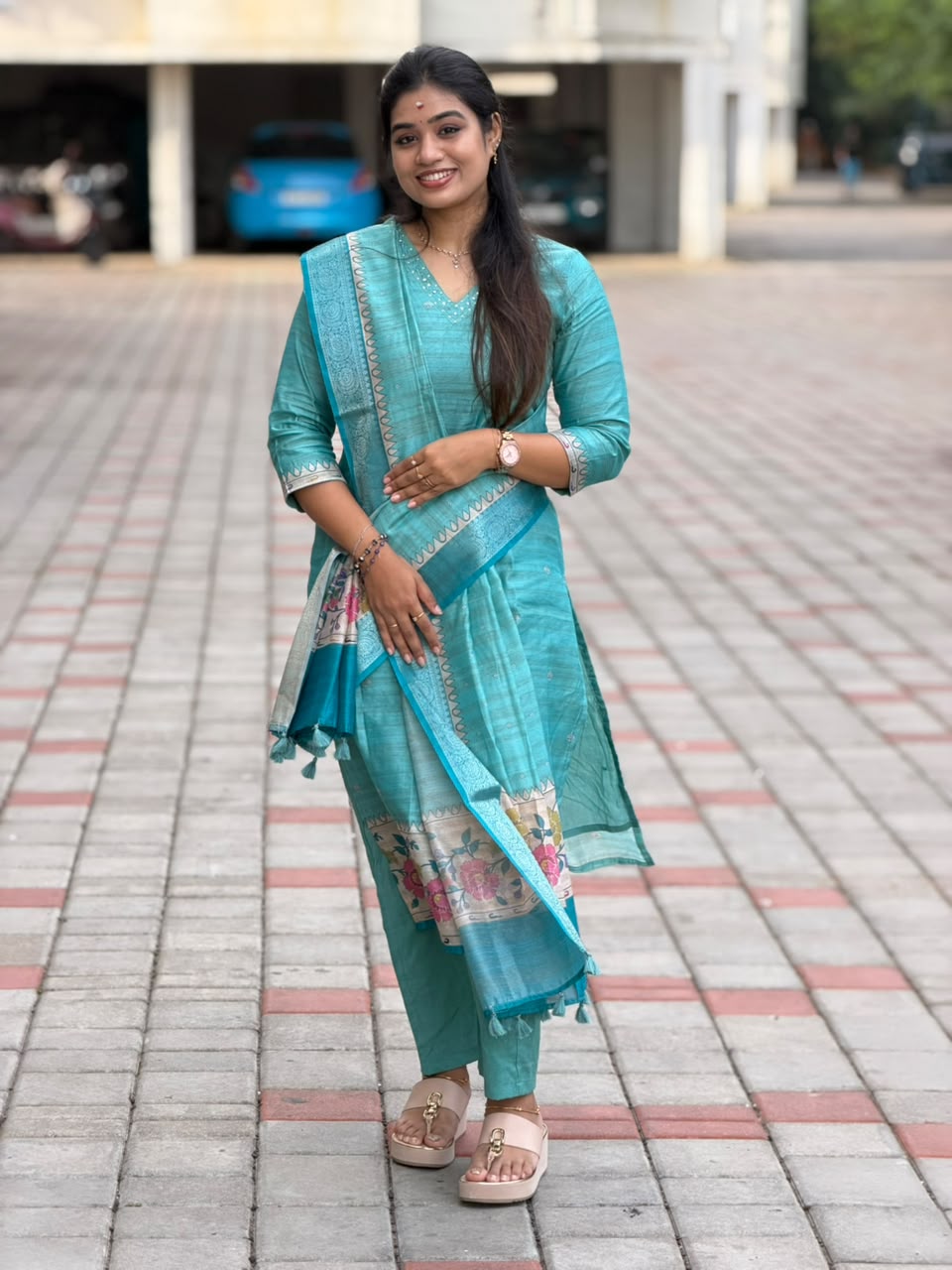 Banarasi Silk Handloom Salwar Suit Set with Top, Pant and Dupatta with Pockets - Blue