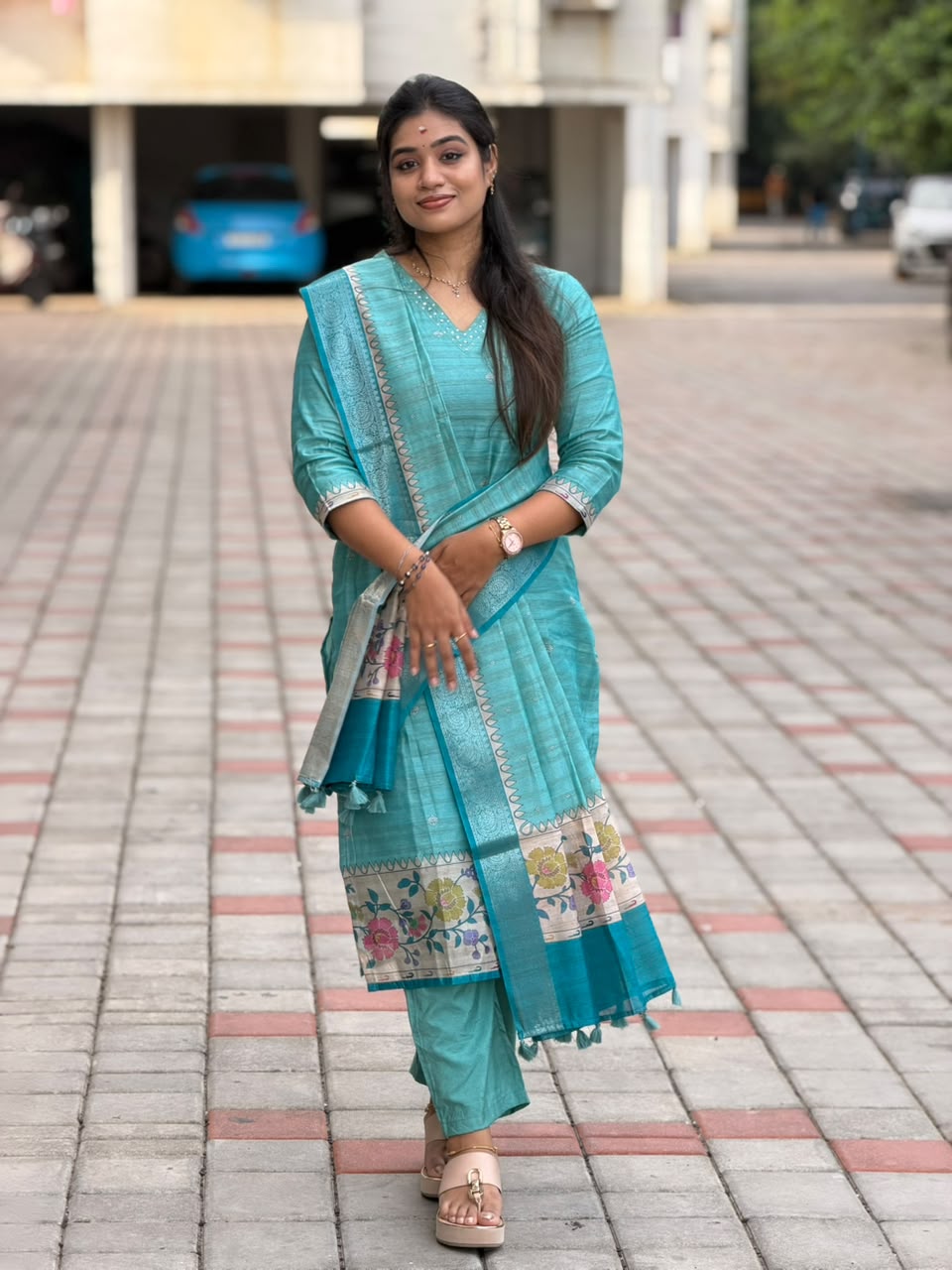 Banarasi Silk Handloom Salwar Suit Set with Top, Pant and Dupatta with Pockets - Blue