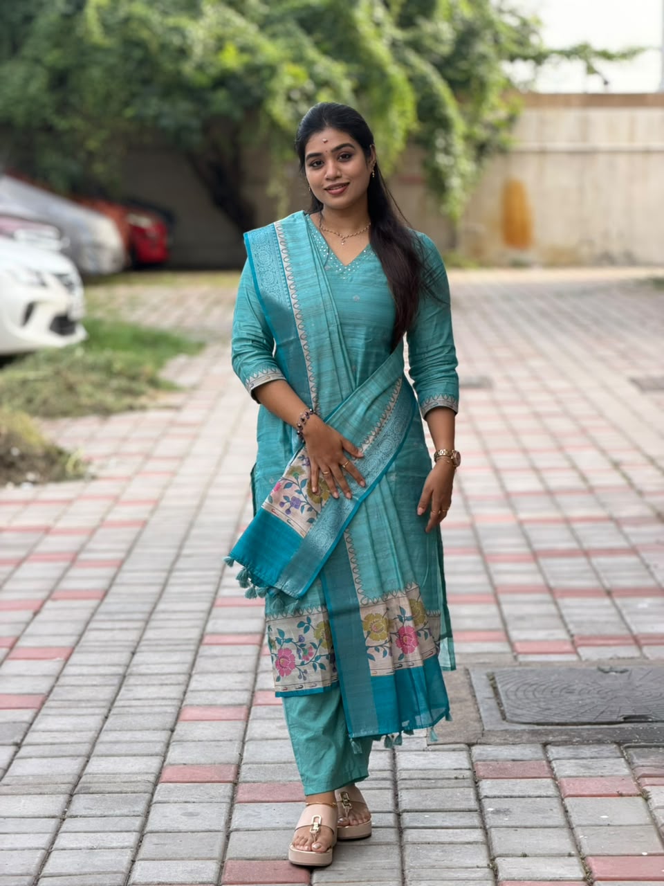 Banarasi Silk Handloom Salwar Suit Set with Top, Pant and Dupatta with Pockets - Blue