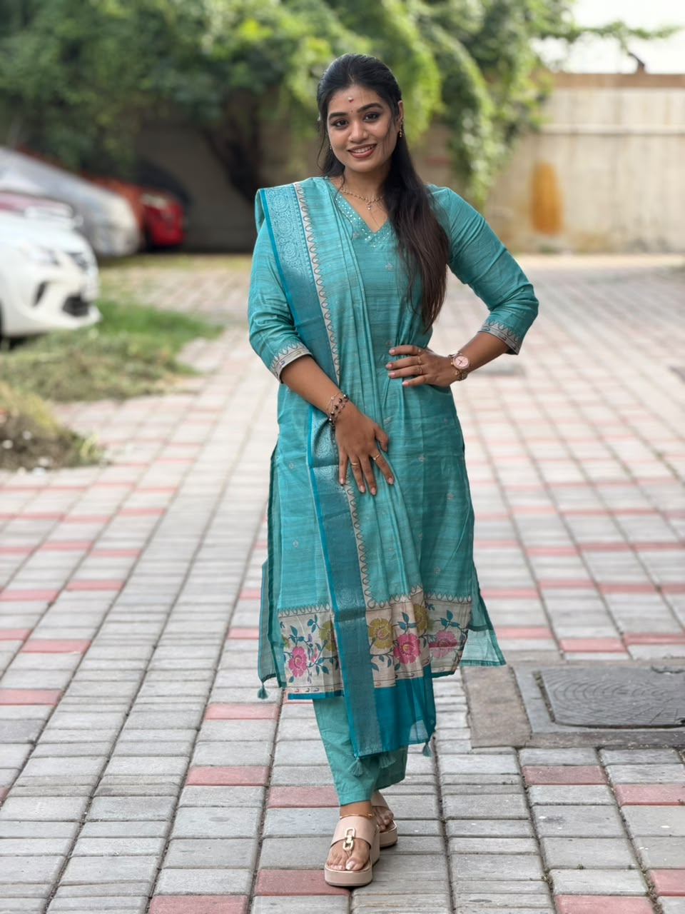 Banarasi Silk Handloom Salwar Suit Set with Top, Pant and Dupatta with Pockets - Blue