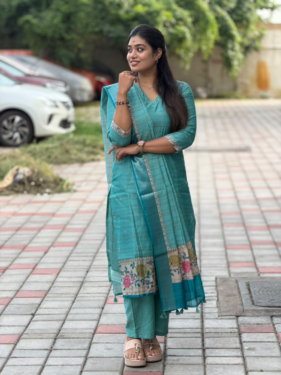 Banarasi Silk Handloom Salwar Suit Set with Top, Pant and Dupatta with Pockets - Blue