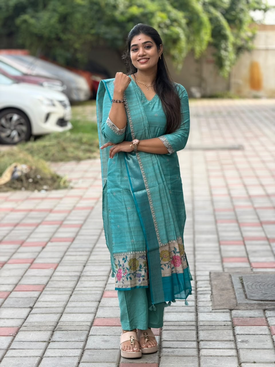 Banarasi Silk Handloom Salwar Suit Set with Top, Pant and Dupatta with Pockets - Blue
