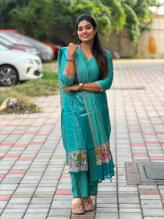 Banarasi Silk Handloom Salwar Suit Set with Top, Pant and Dupatta with Pockets - Blue