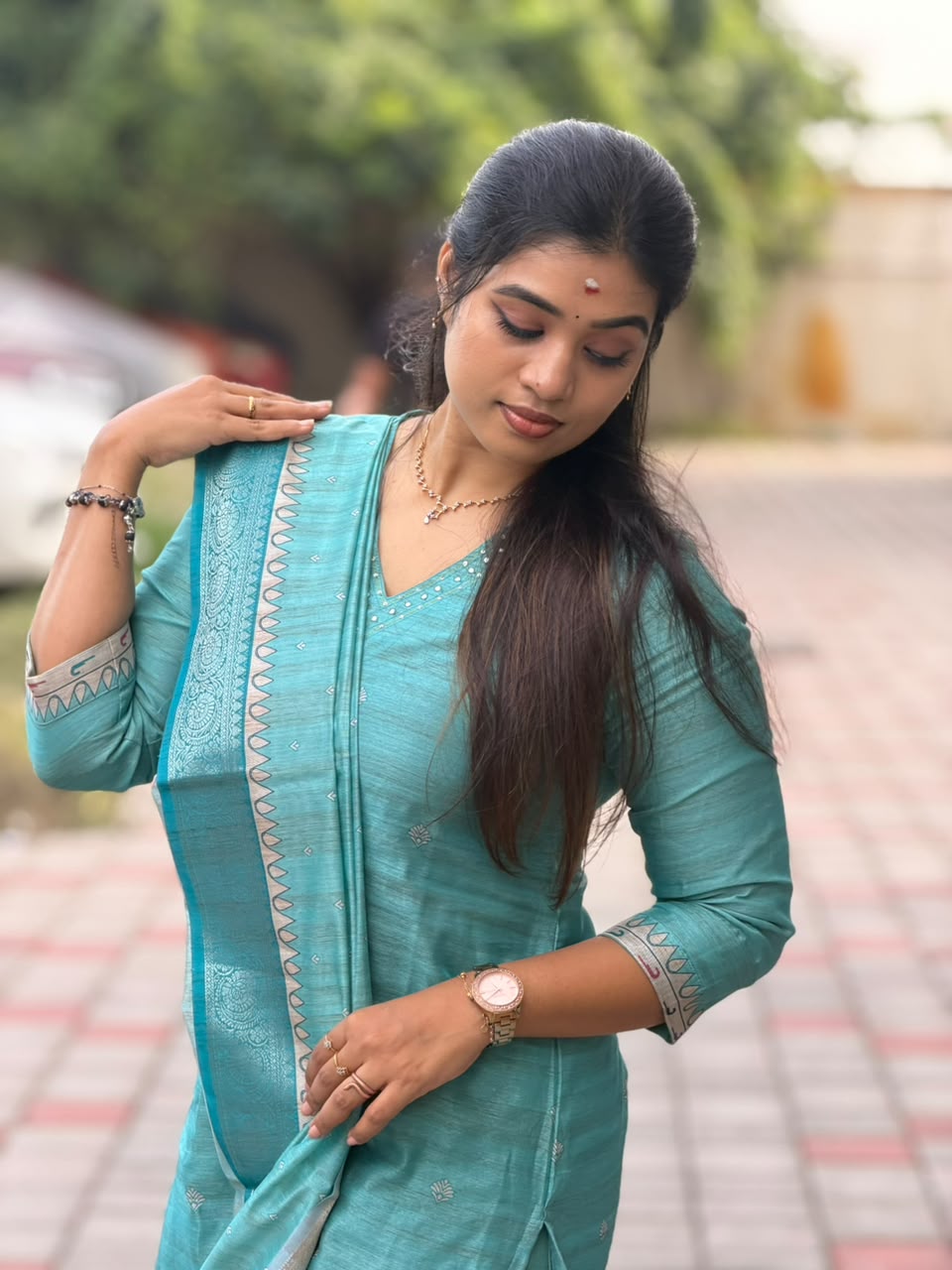 Banarasi Silk Handloom Salwar Suit Set with Top, Pant and Dupatta with Pockets - Blue