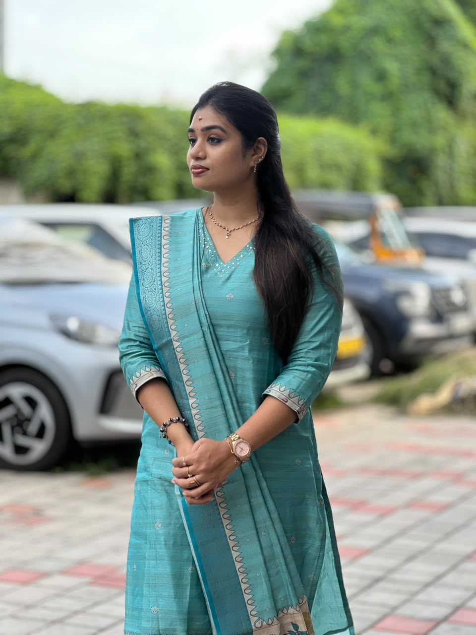 Banarasi Silk Handloom Salwar Suit Set with Top, Pant and Dupatta with Pockets - Blue