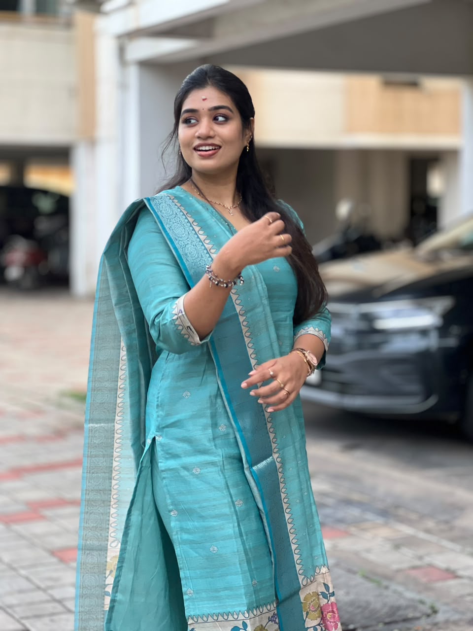 Banarasi Silk Handloom Salwar Suit Set with Top, Pant and Dupatta with Pockets - Blue