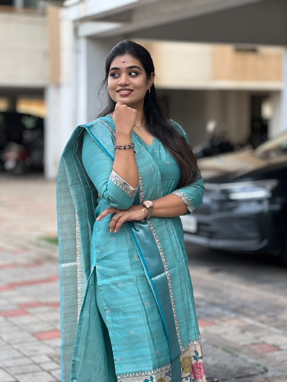Banarasi Silk Handloom Salwar Suit Set with Top, Pant and Dupatta with Pockets - Blue