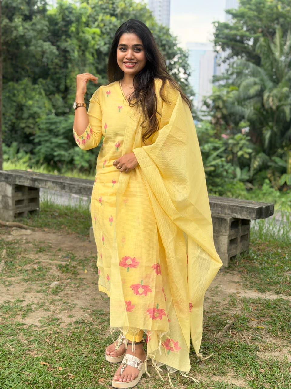 Jamdani Handloom Salwar Suit Set with Top, Pant and Dupatta with Pockets - Yellow