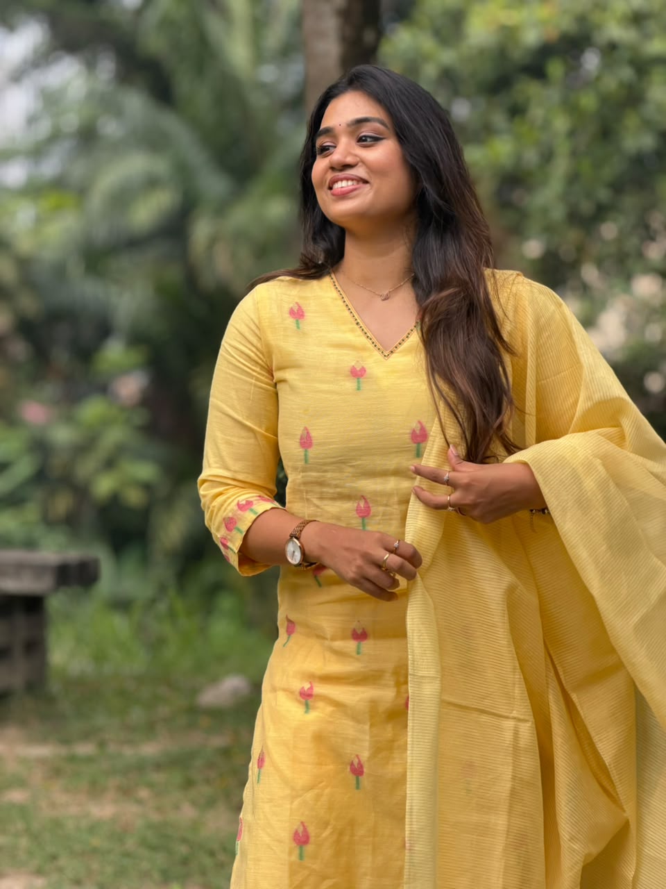 Jamdani Handloom Salwar Suit Set with Top, Pant and Dupatta with Pockets - Yellow