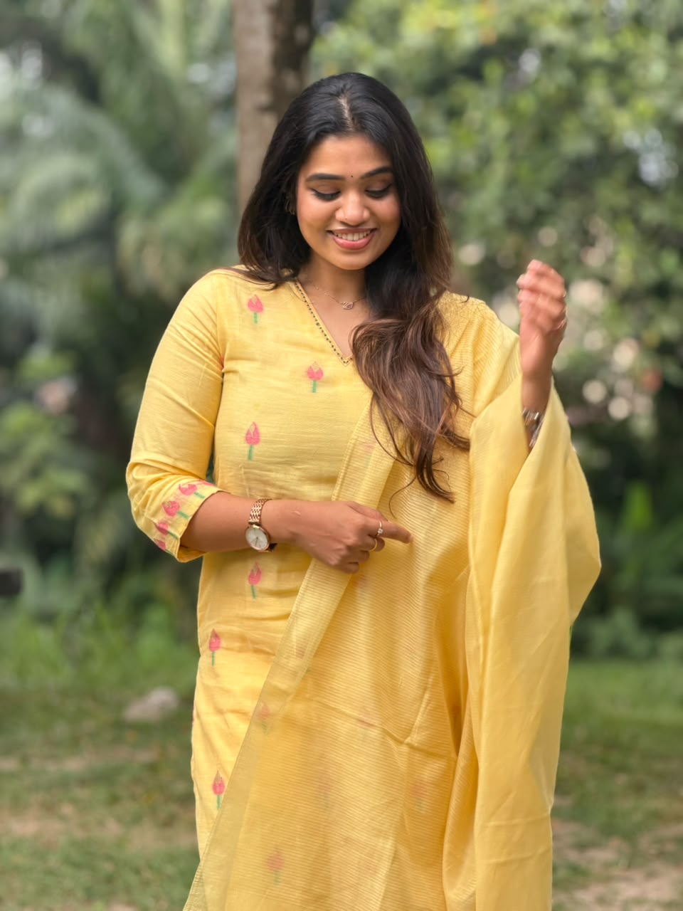 Jamdani Handloom Salwar Suit Set with Top, Pant and Dupatta with Pockets - Yellow