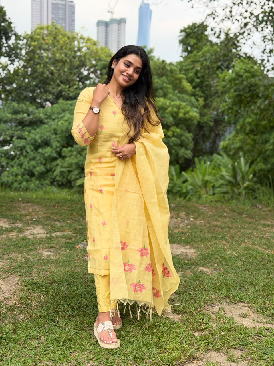 Jamdani Handloom Salwar Suit Set with Top, Pant and Dupatta with Pockets - Yellow