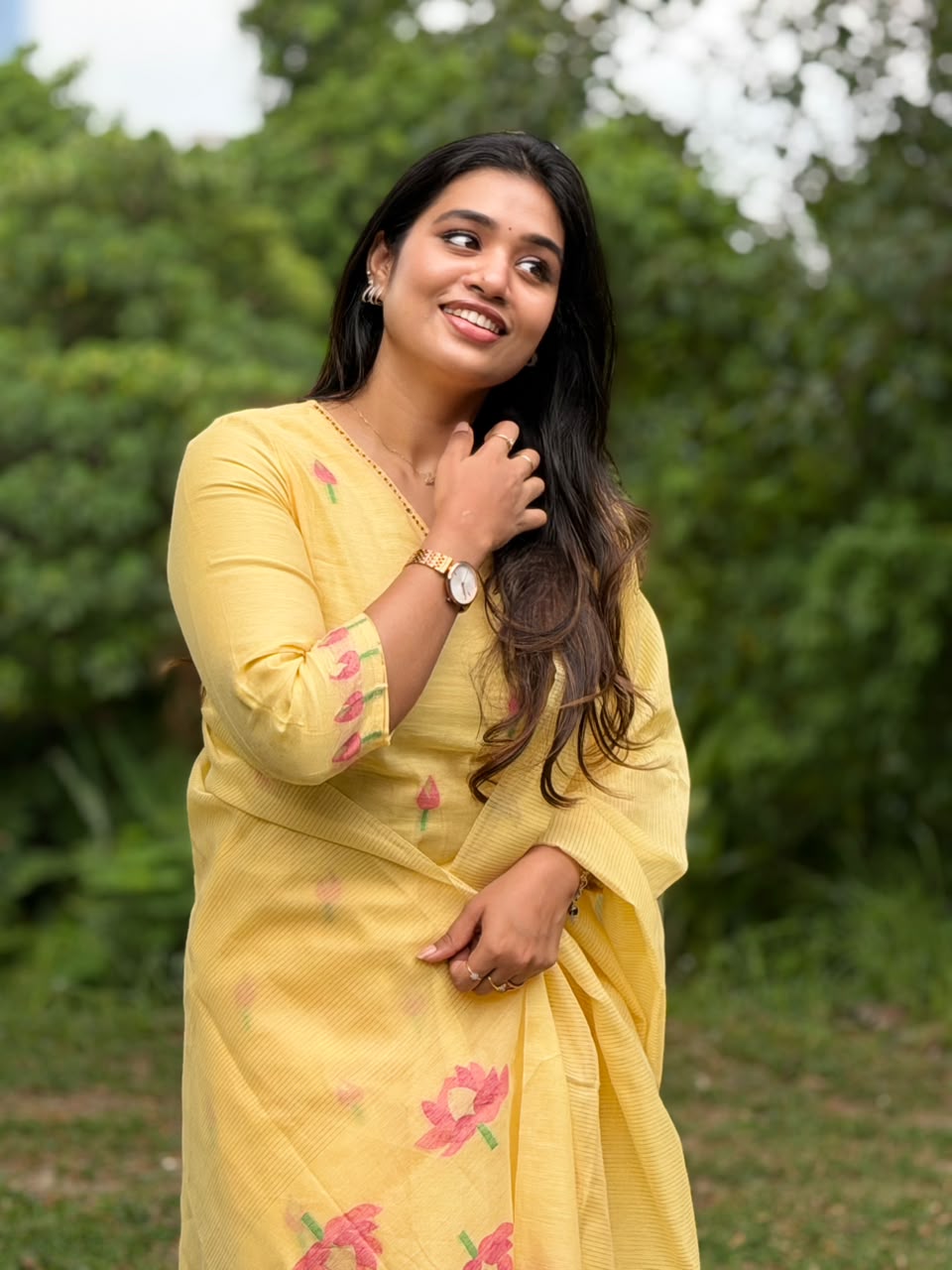 Jamdani Handloom Salwar Suit Set with Top, Pant and Dupatta with Pockets - Yellow