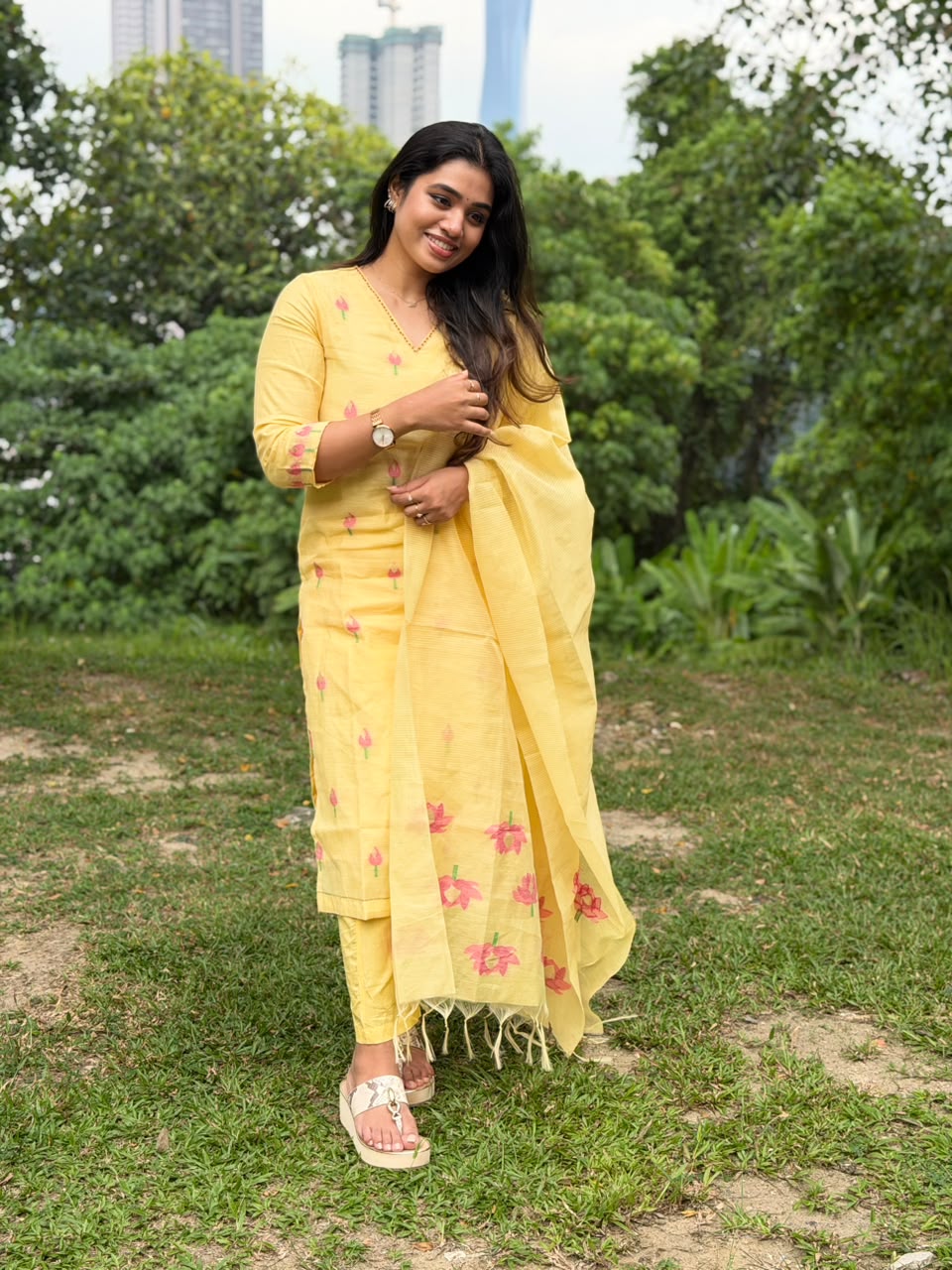 Jamdani Handloom Salwar Suit Set with Top, Pant and Dupatta with Pockets - Yellow