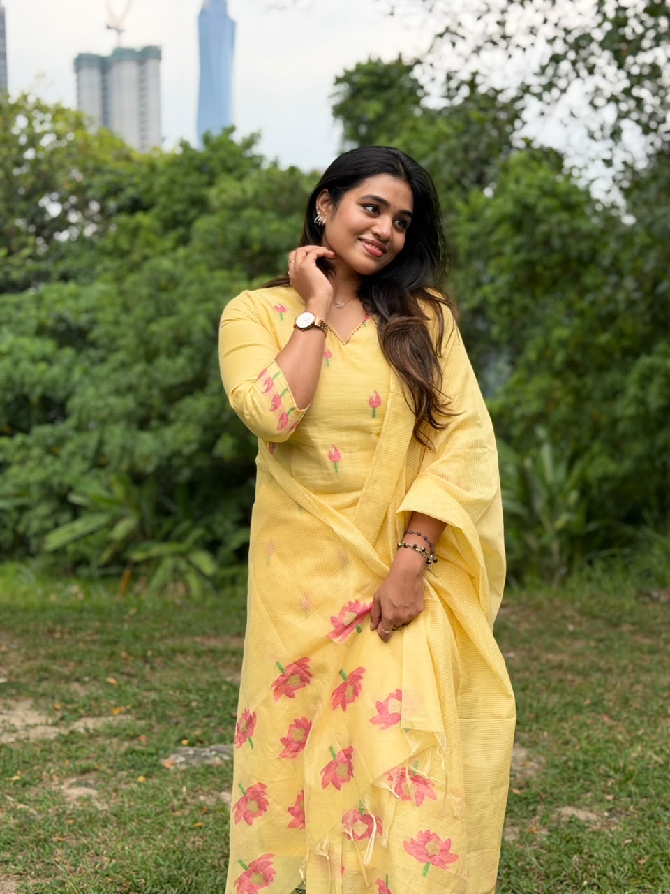 Jamdani Handloom Salwar Suit Set with Top, Pant and Dupatta with Pockets - Yellow