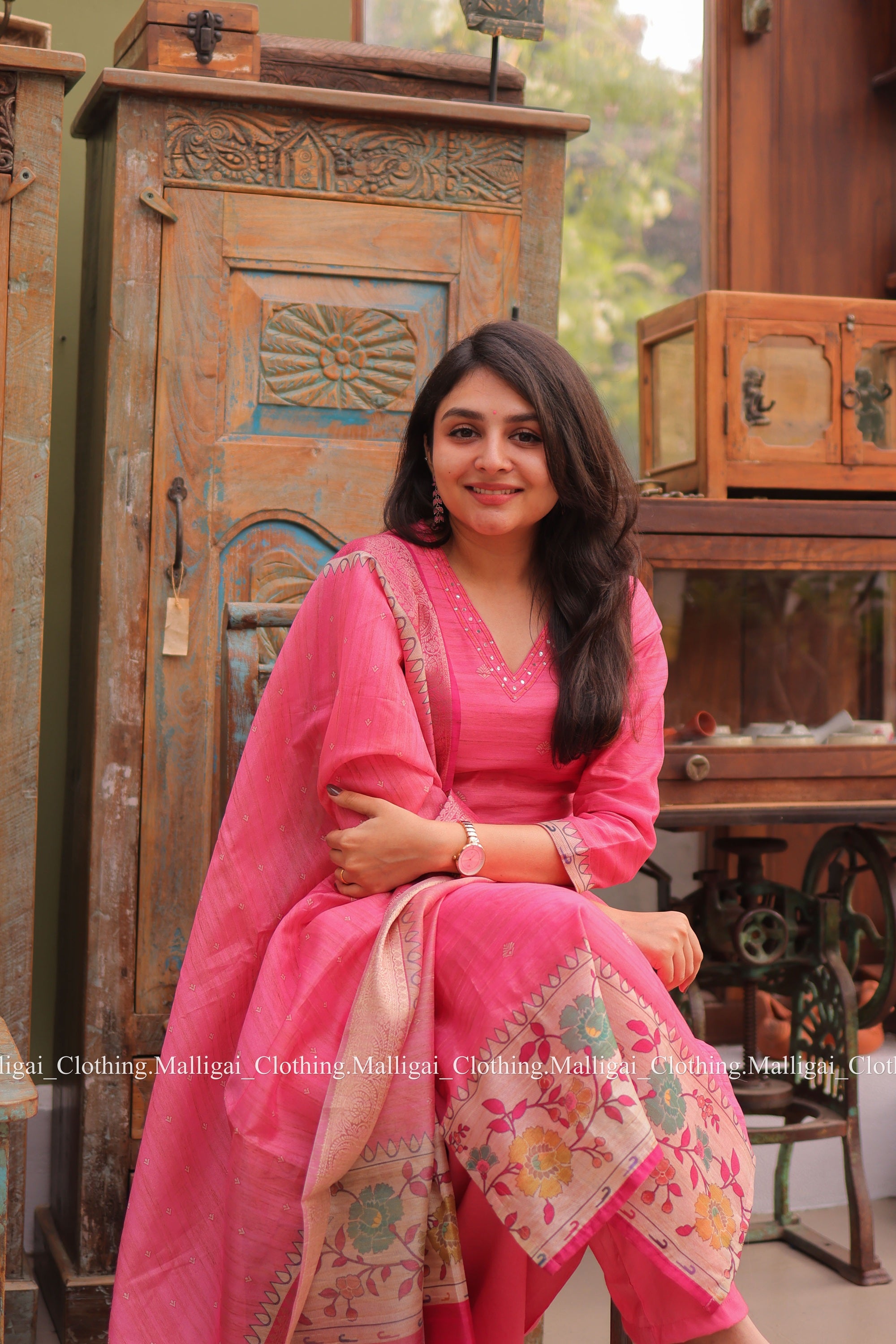 Banarasi Silk Handloom Salwar Suit Set with Top, Pant and Dupatta with Pockets - Pink