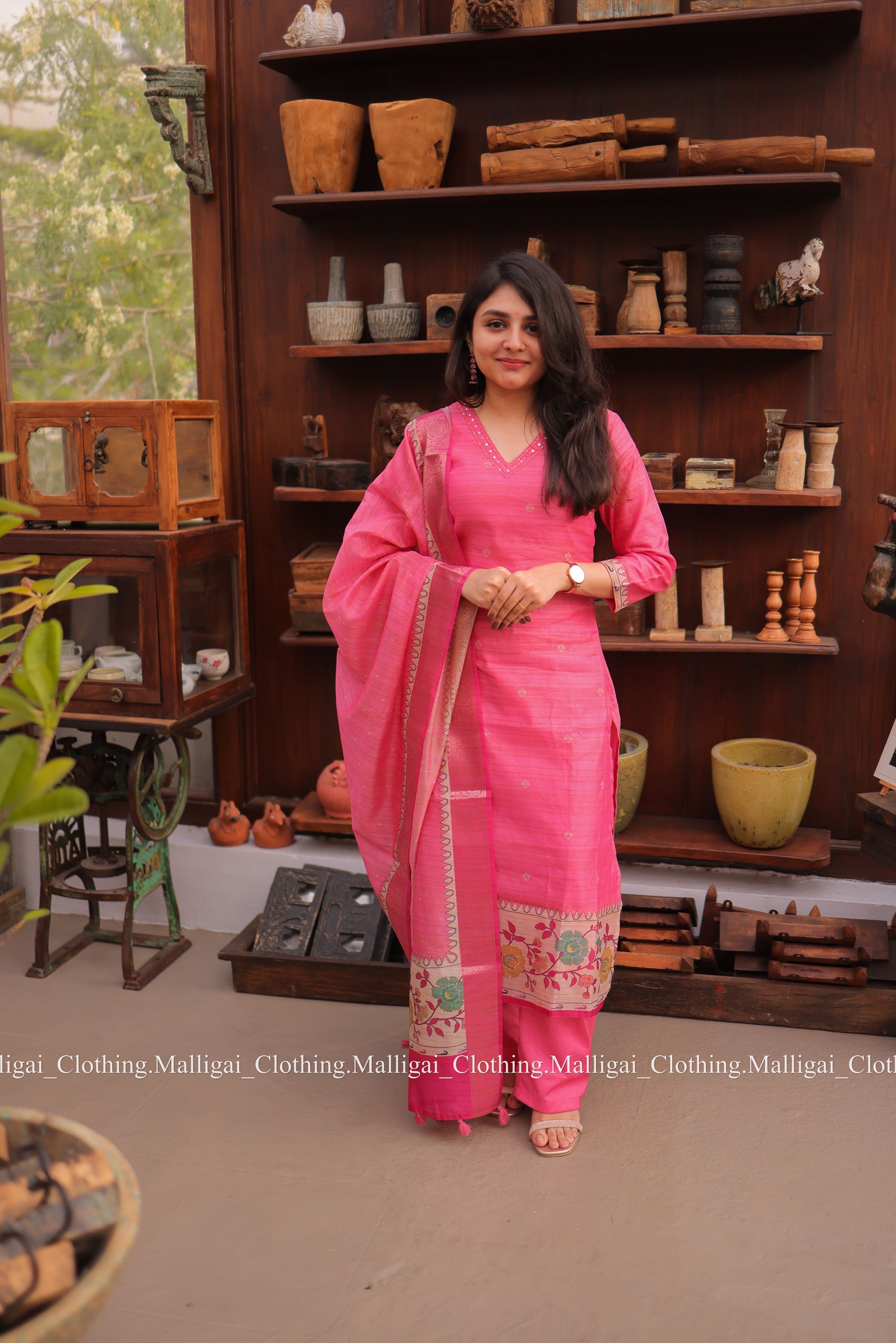 Banarasi Silk Handloom Salwar Suit Set with Top, Pant and Dupatta with Pockets - Pink