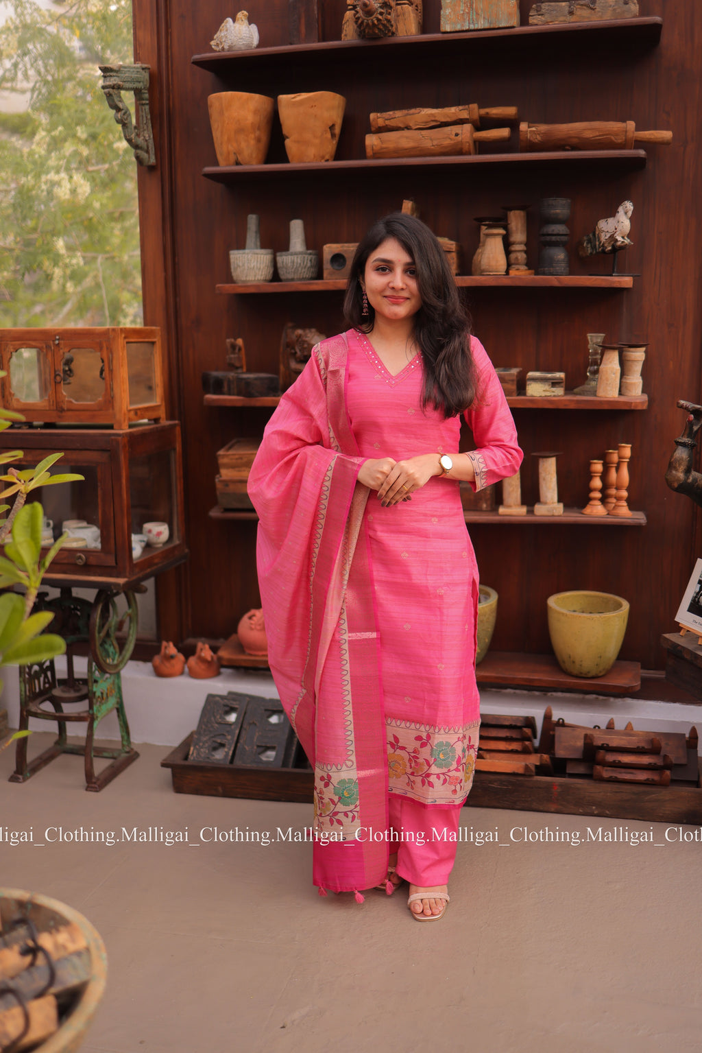 Banarasi Silk Handloom Salwar Suit Set with Top, Pant and Dupatta with Pockets - Pink