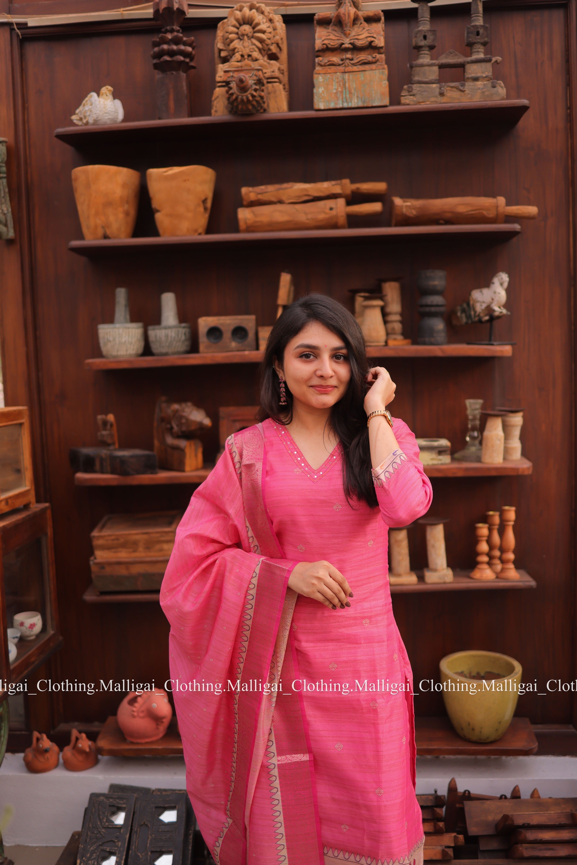 Banarasi Silk Handloom Salwar Suit Set with Top, Pant and Dupatta with Pockets - Pink