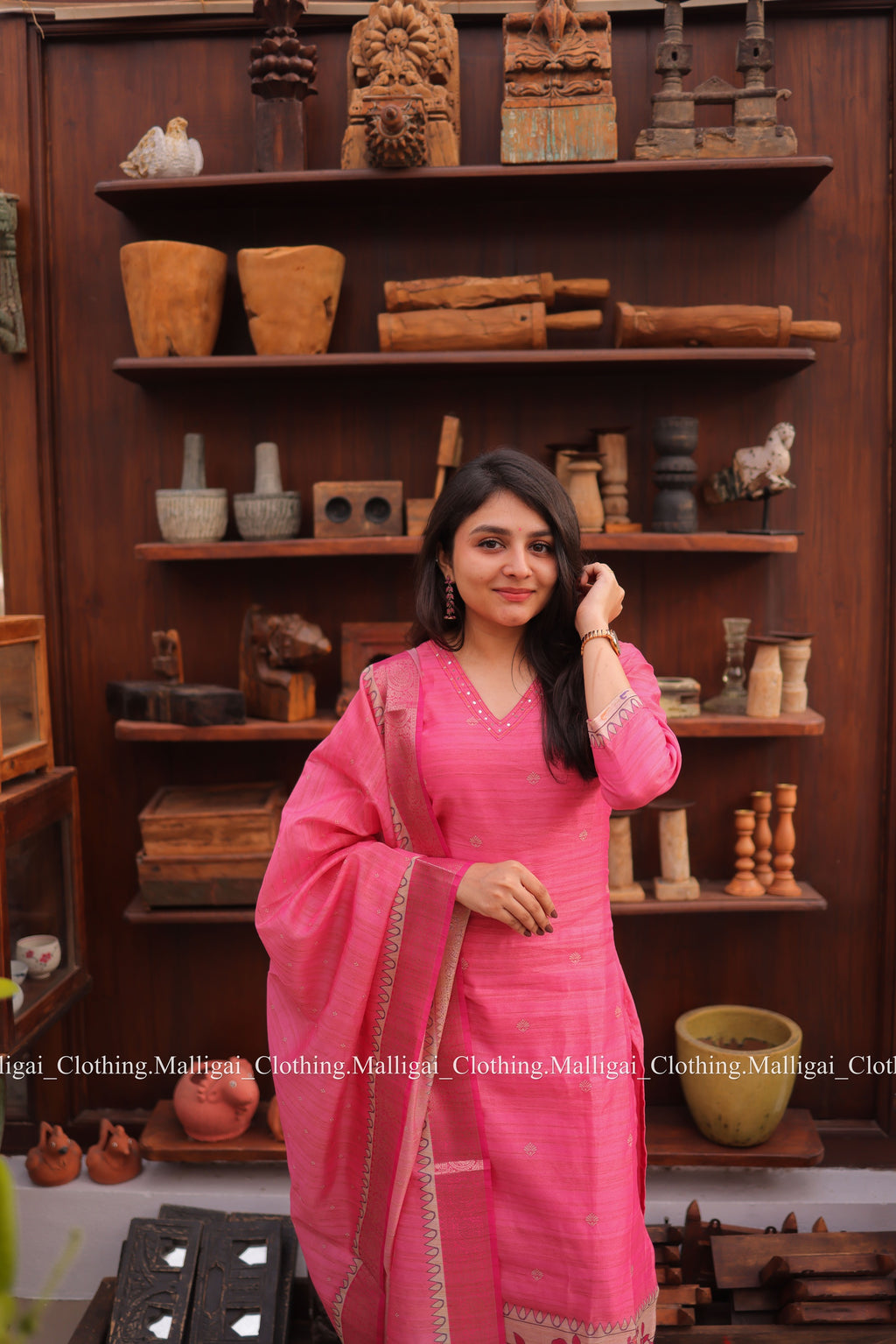 Banarasi Silk Handloom Salwar Suit Set with Top, Pant and Dupatta with Pockets - Pink