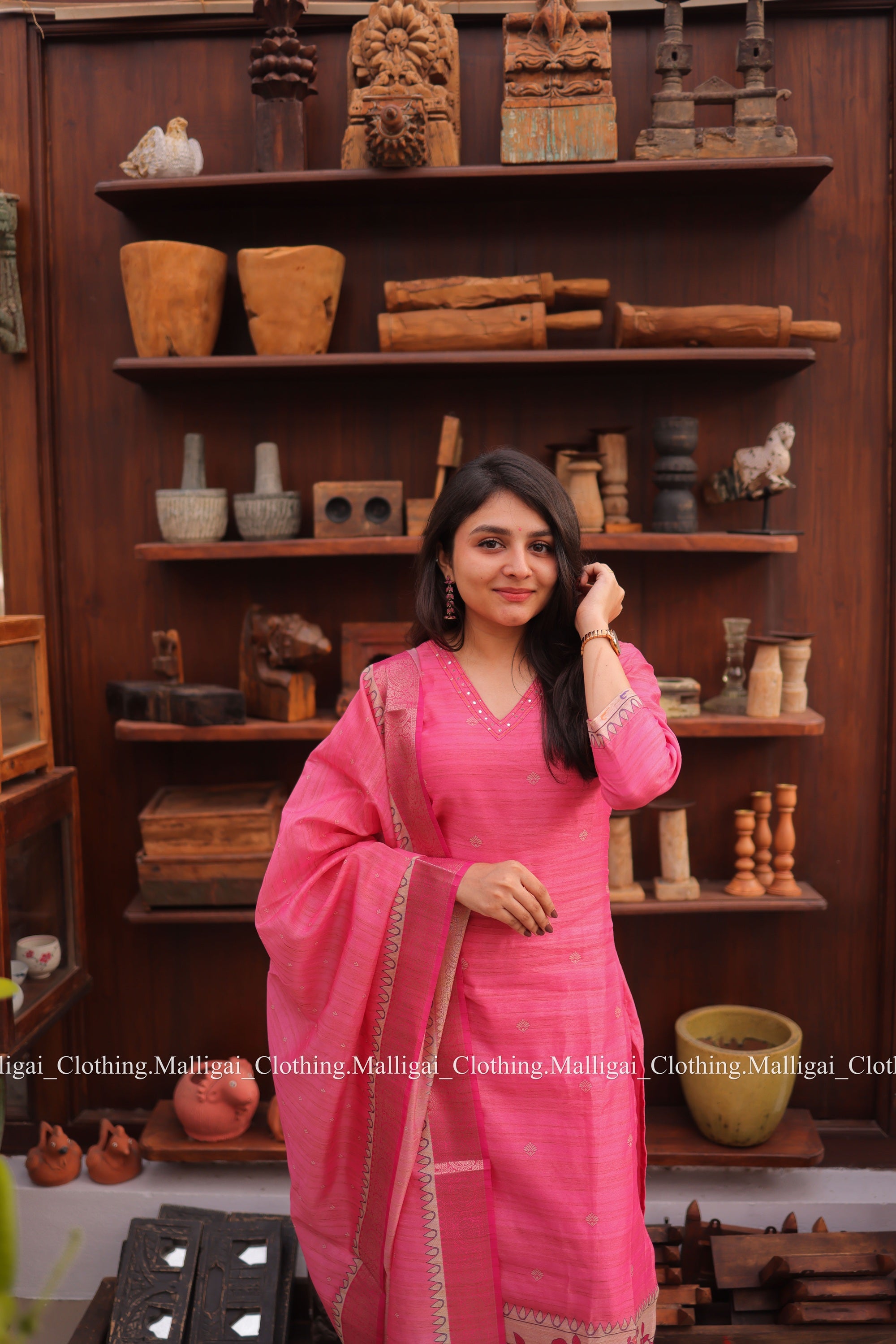 Banarasi Silk Handloom Salwar Suit Set with Top, Pant and Dupatta with Pockets - Pink