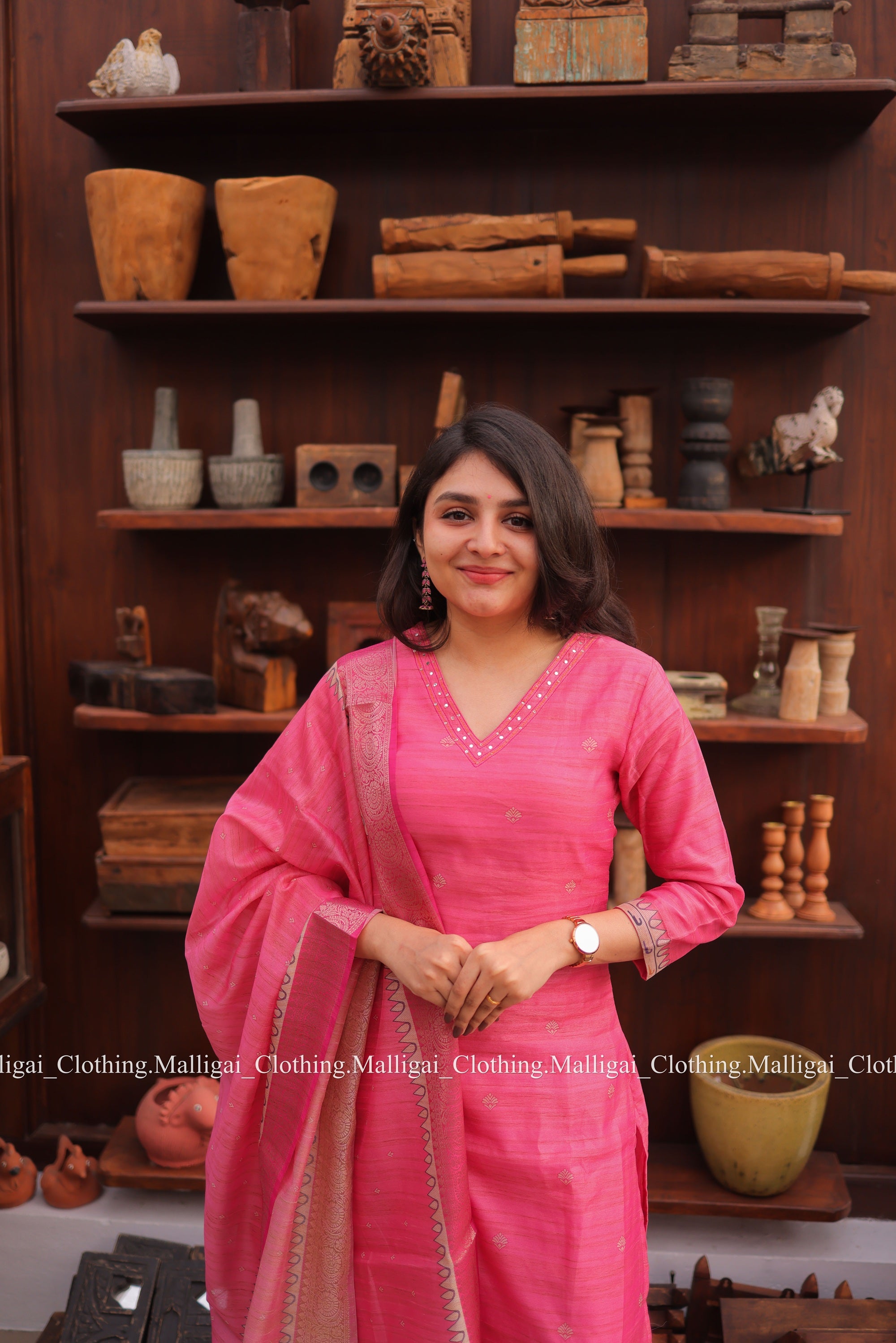 Banarasi Silk Handloom Salwar Suit Set with Top, Pant and Dupatta with Pockets - Pink