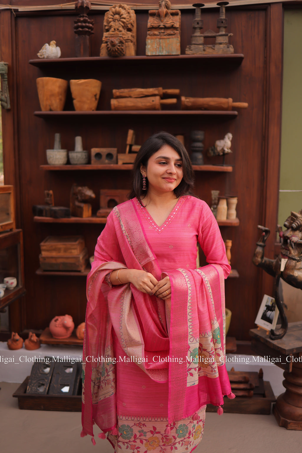 Banarasi Silk Handloom Salwar Suit Set with Top, Pant and Dupatta with Pockets - Pink