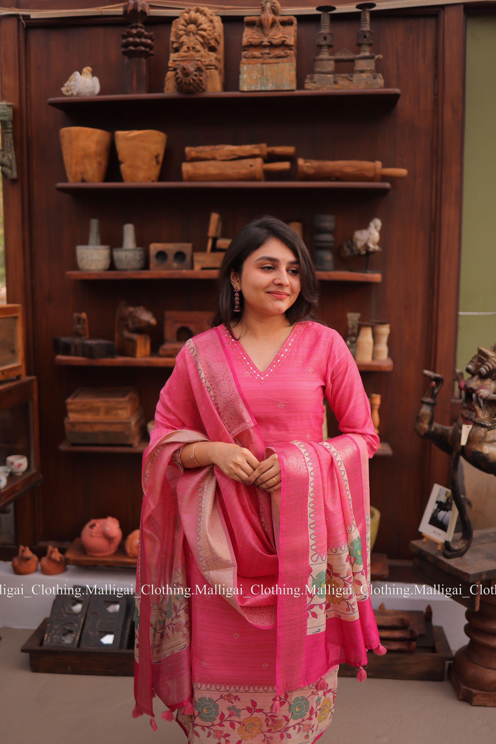 Banarasi Silk Handloom Salwar Suit Set with Top, Pant and Dupatta with Pockets - Pink