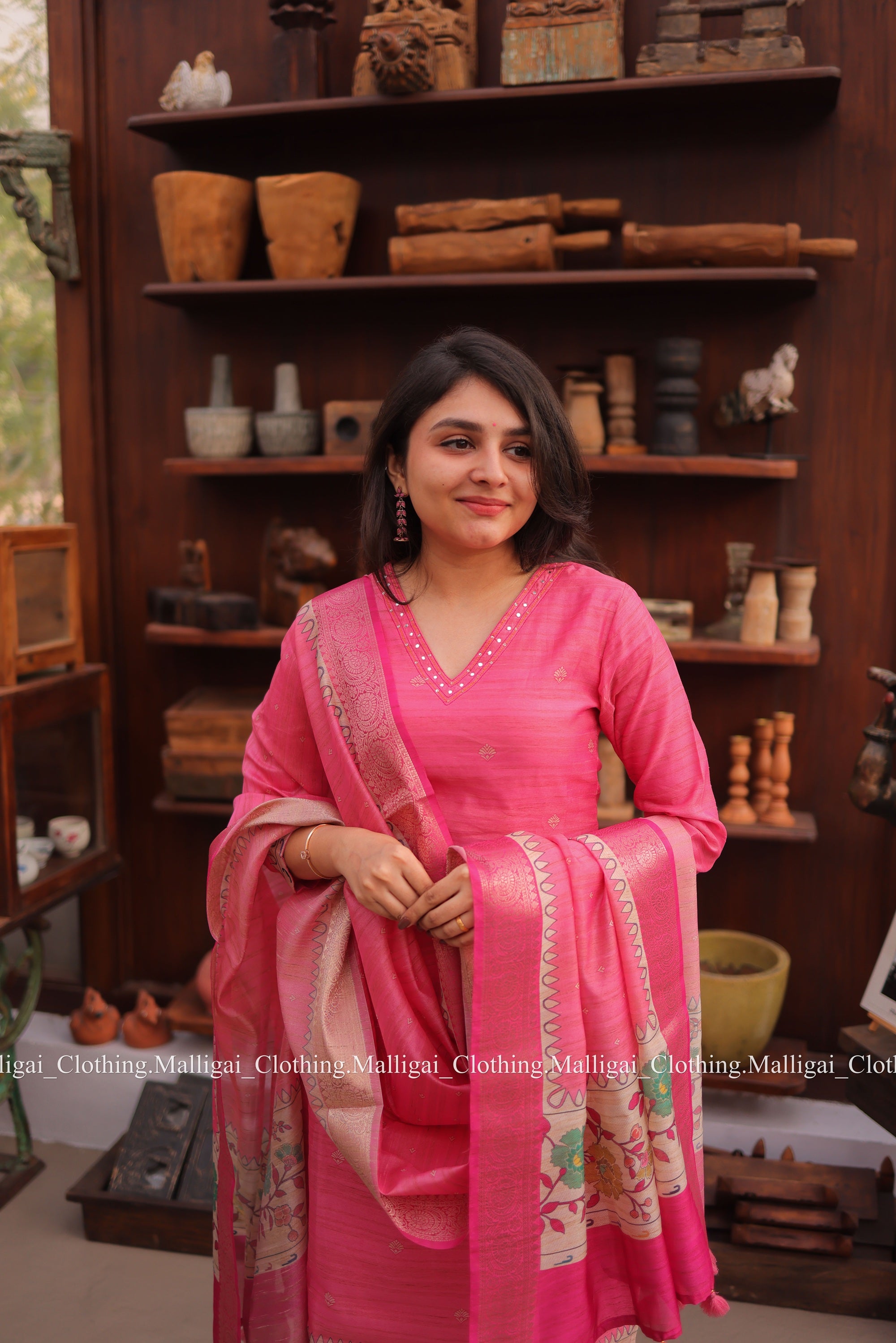 Banarasi Silk Handloom Salwar Suit Set with Top, Pant and Dupatta with Pockets - Pink