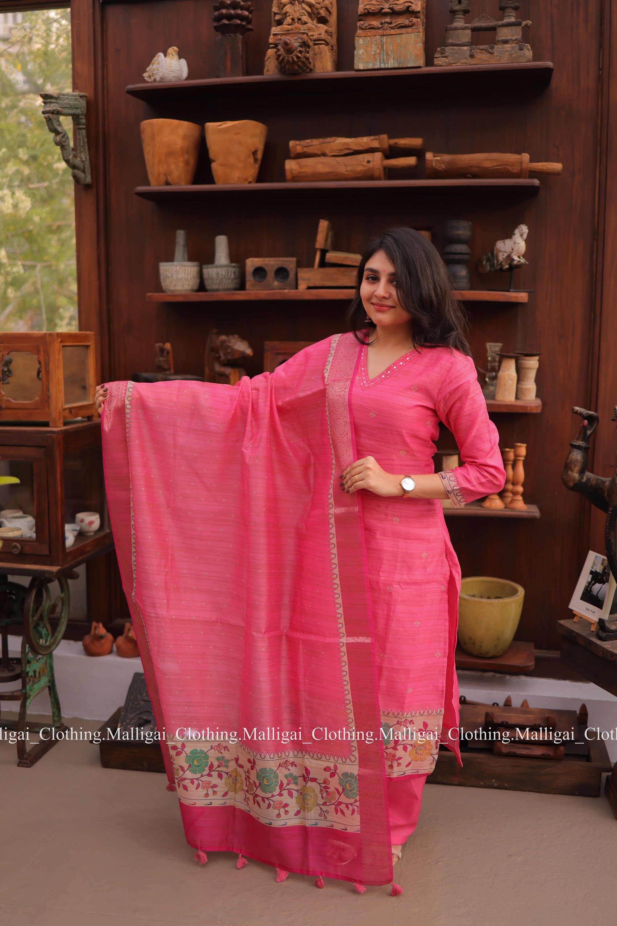 Banarasi Silk Handloom Salwar Suit Set with Top, Pant and Dupatta with Pockets - Pink