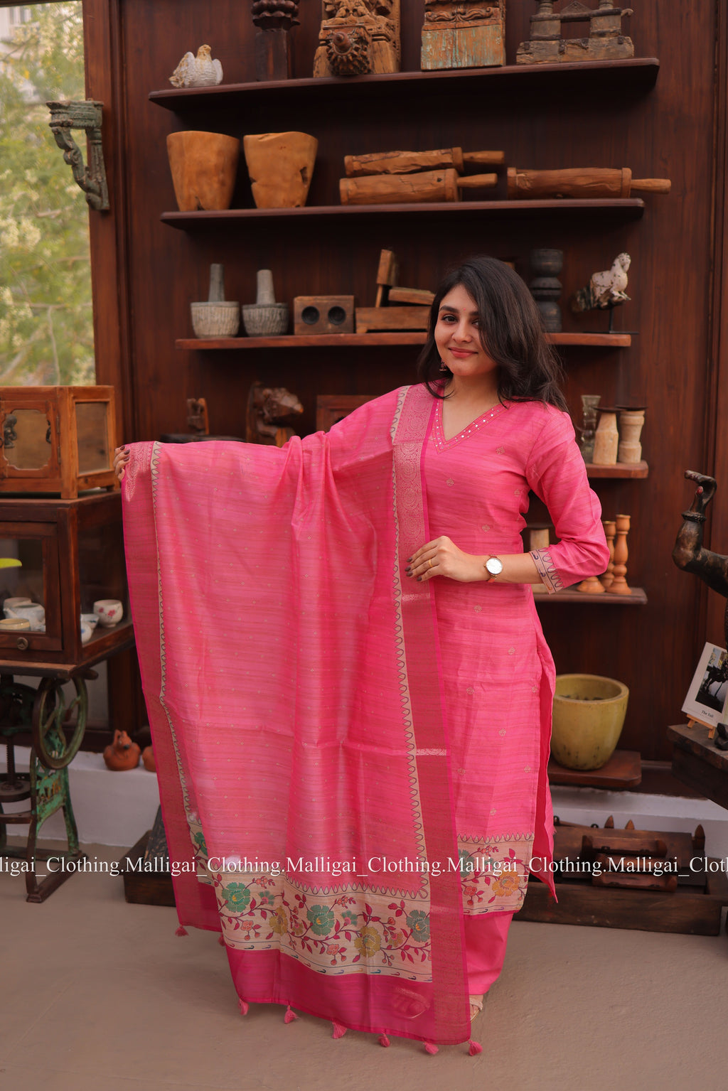 Banarasi Silk Handloom Salwar Suit Set with Top, Pant and Dupatta with Pockets - Pink