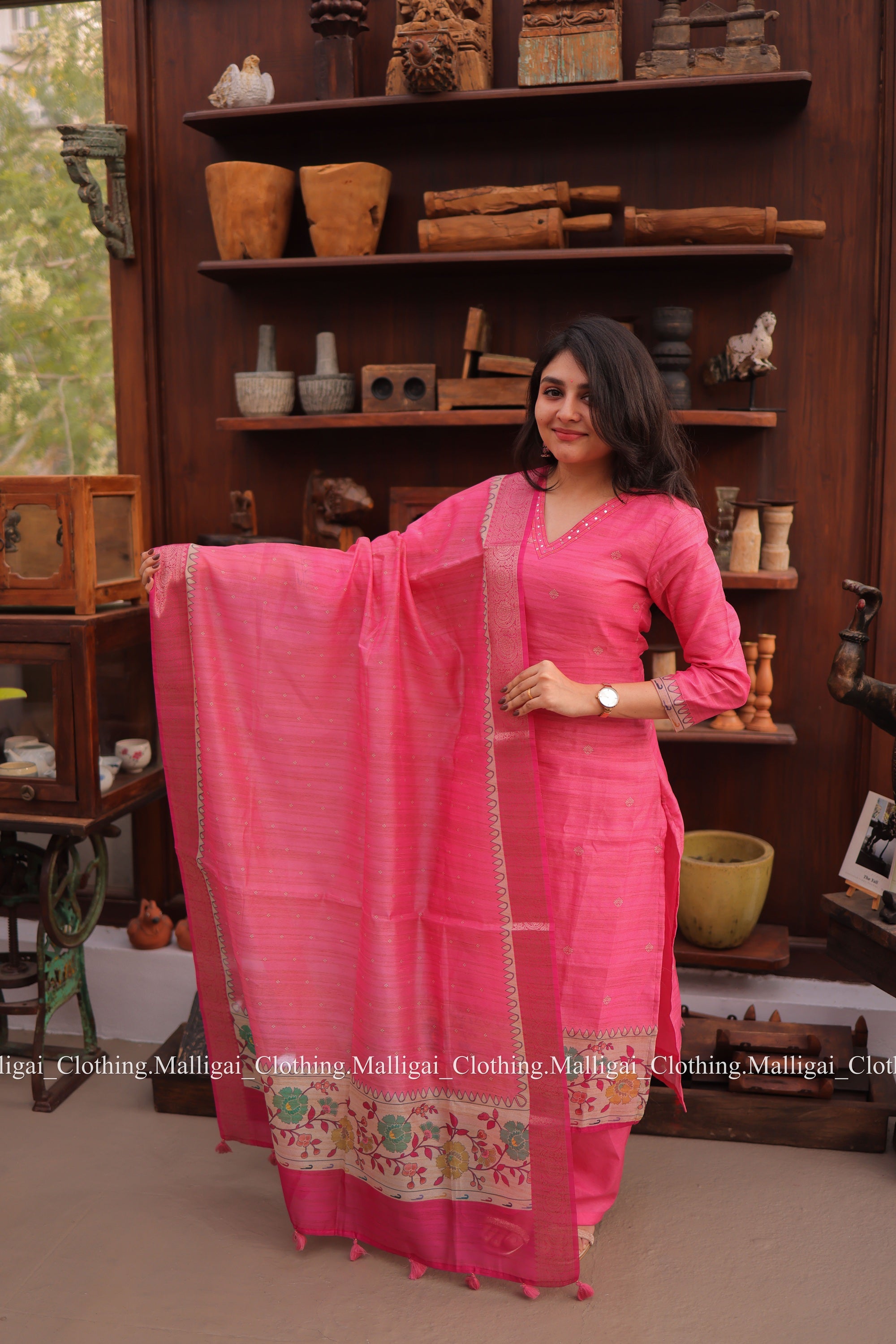 Banarasi Silk Handloom Salwar Suit Set with Top, Pant and Dupatta with Pockets - Pink