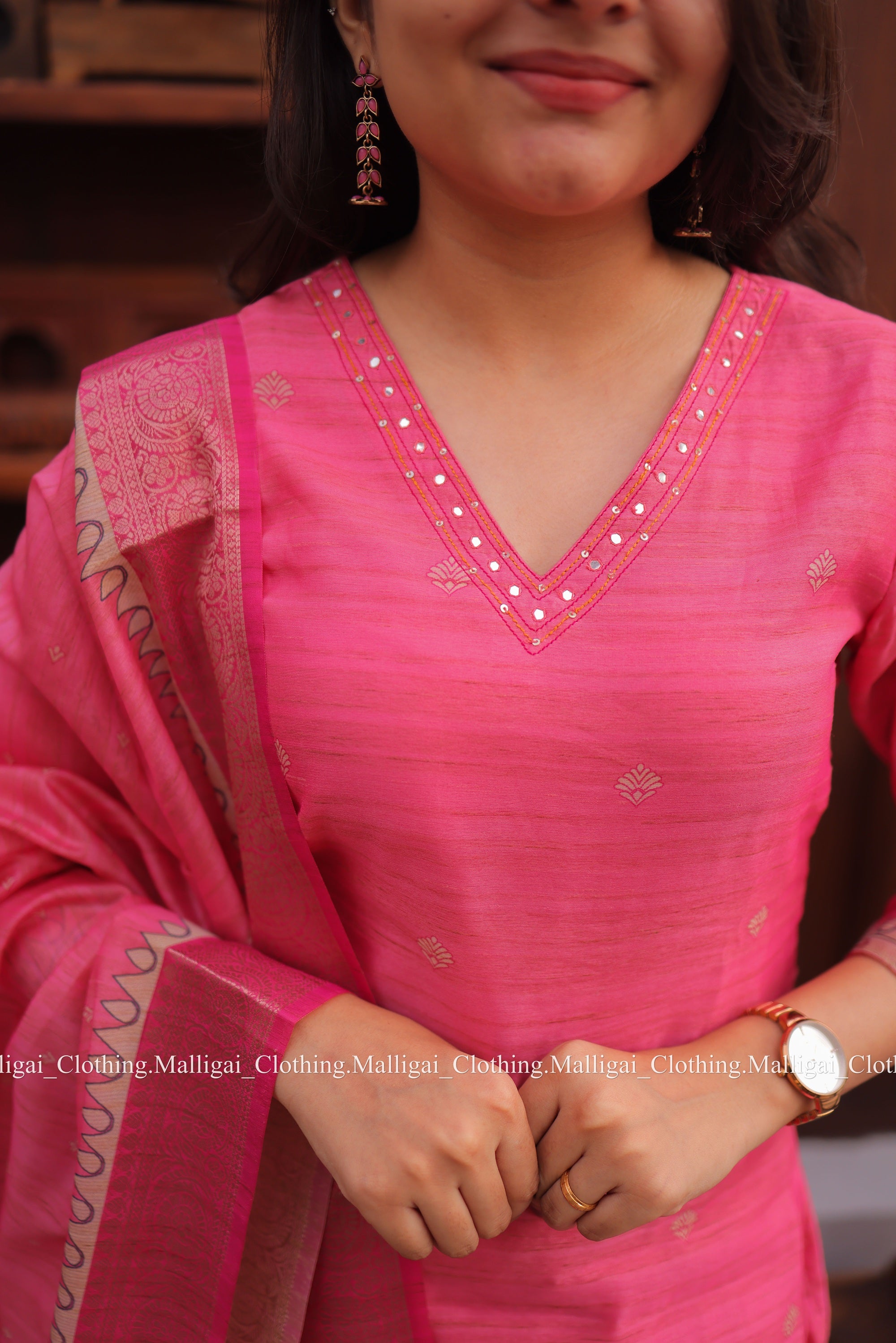 Banarasi Silk Handloom Salwar Suit Set with Top, Pant and Dupatta with Pockets - Pink