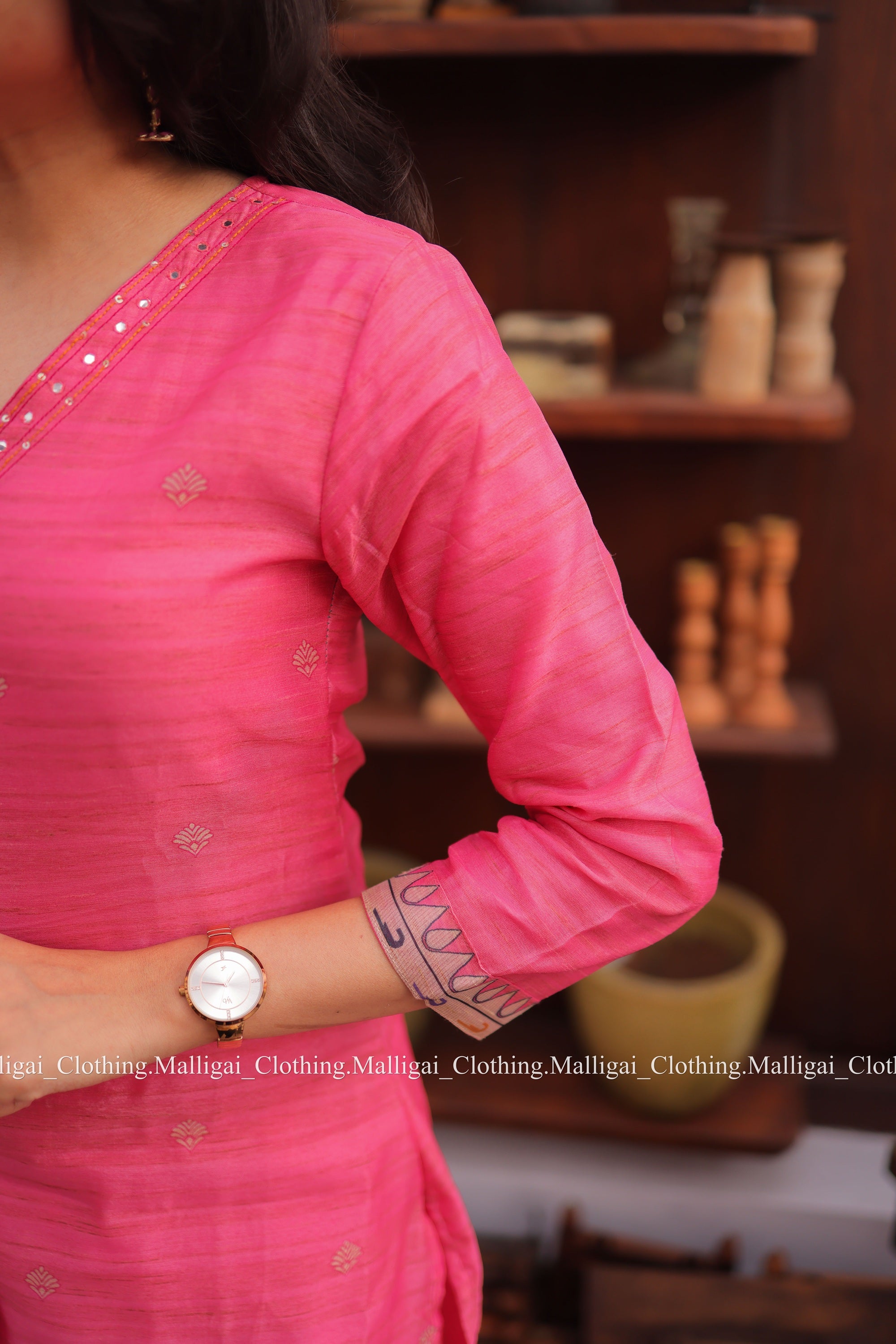 Banarasi Silk Handloom Salwar Suit Set with Top, Pant and Dupatta with Pockets - Pink