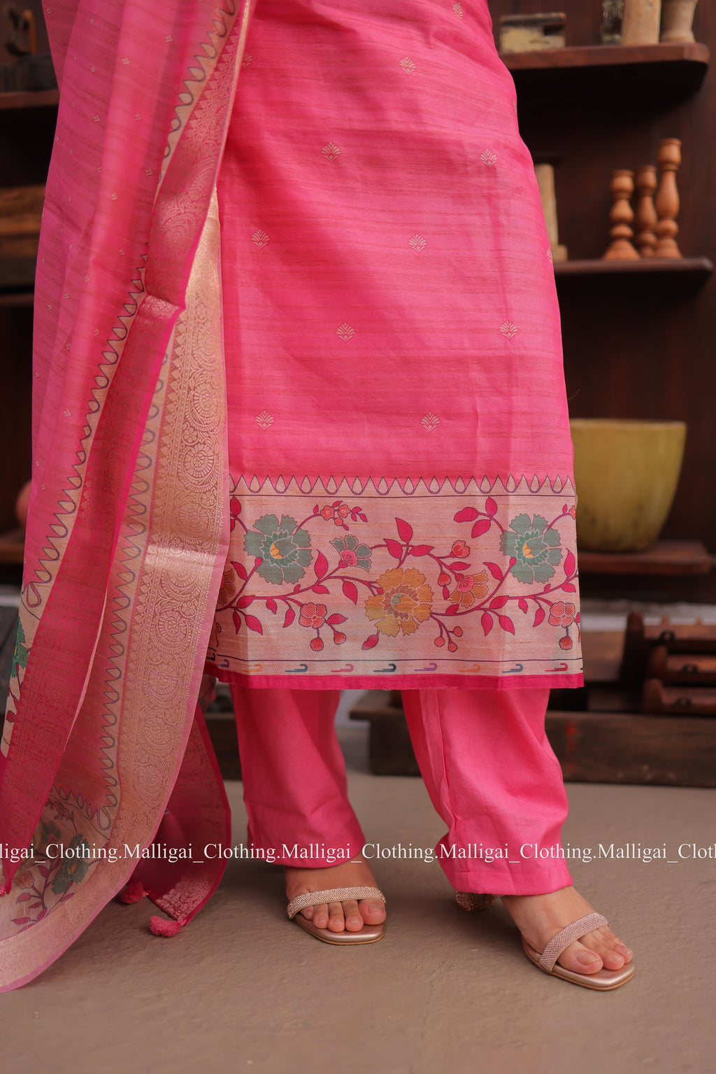 Banarasi Silk Handloom Salwar Suit Set with Top, Pant and Dupatta with Pockets - Pink