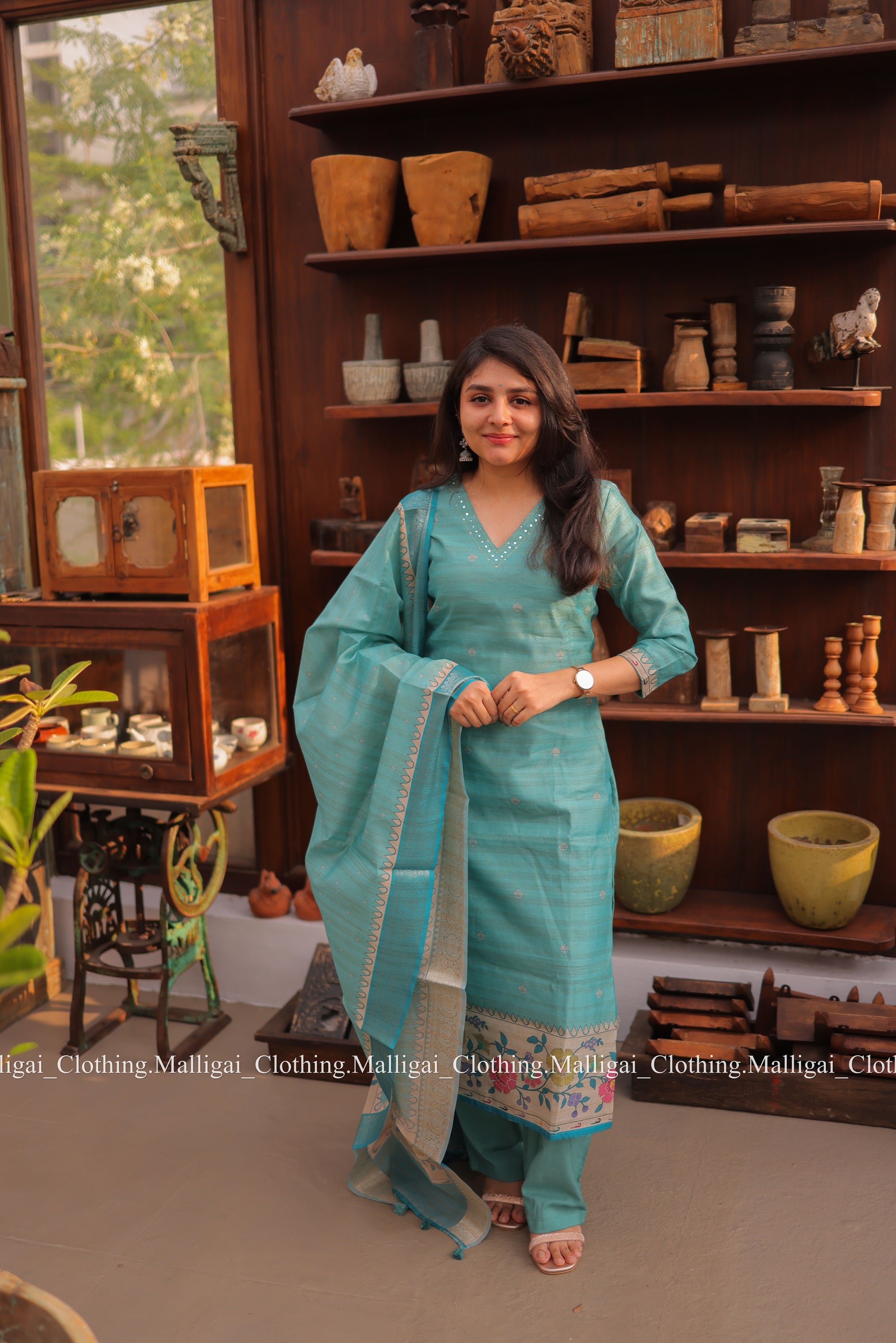 Banarasi Silk Handloom Salwar Suit Set with Top, Pant and Dupatta with Pockets - Blue